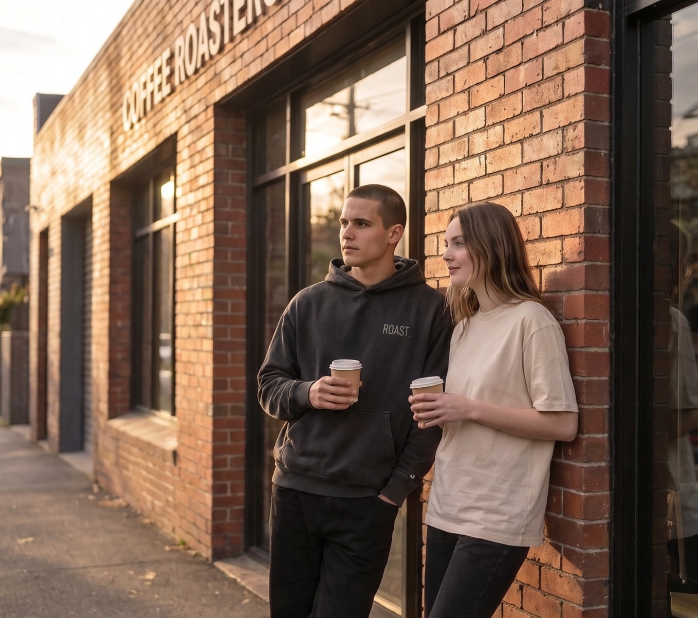 Couple in ROAST merch outside the coffee roastery